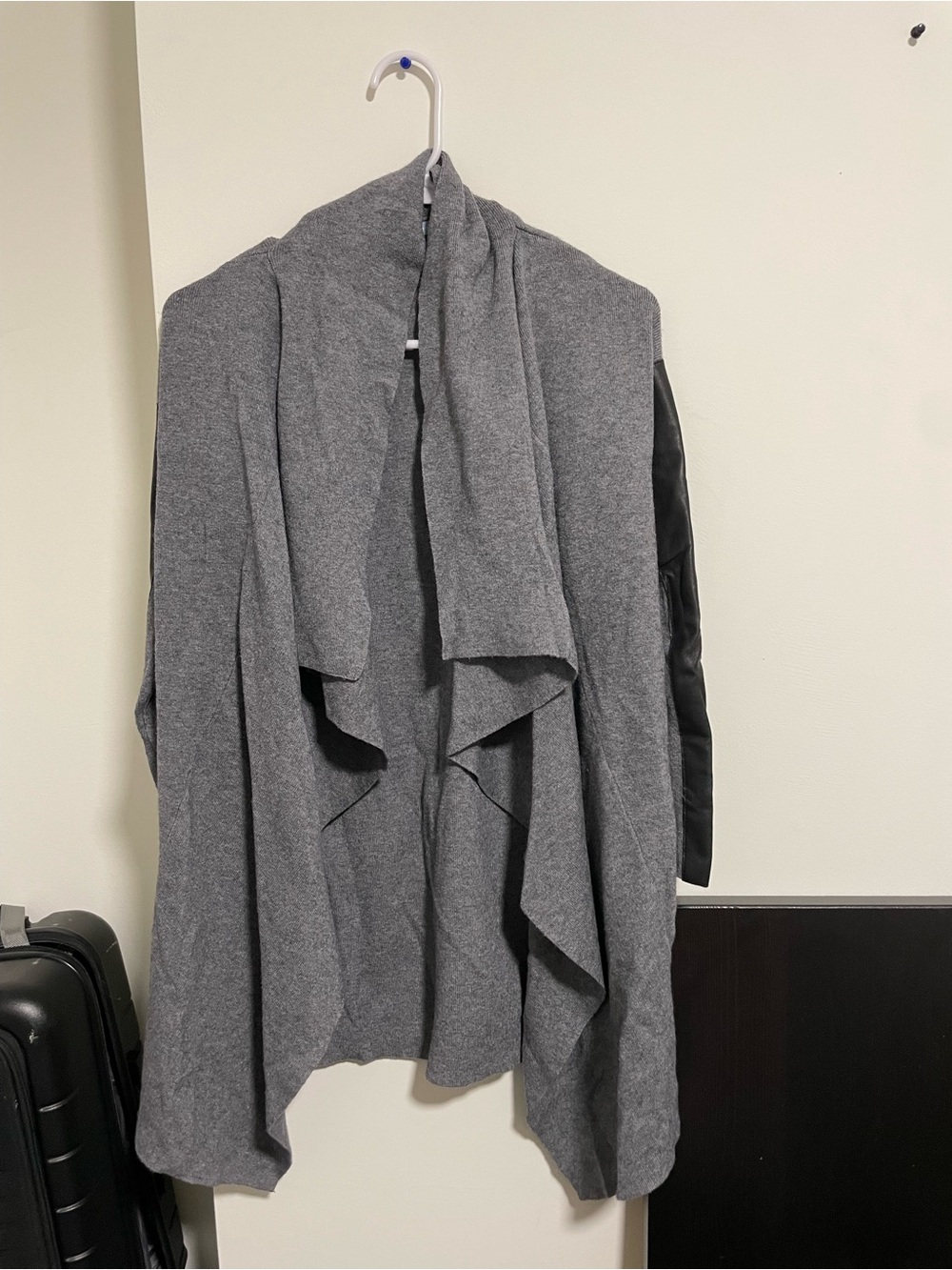 36 Michelle Nicole Gray Draped Open-Front Cardigan with Faux Leather Sleeve Deta